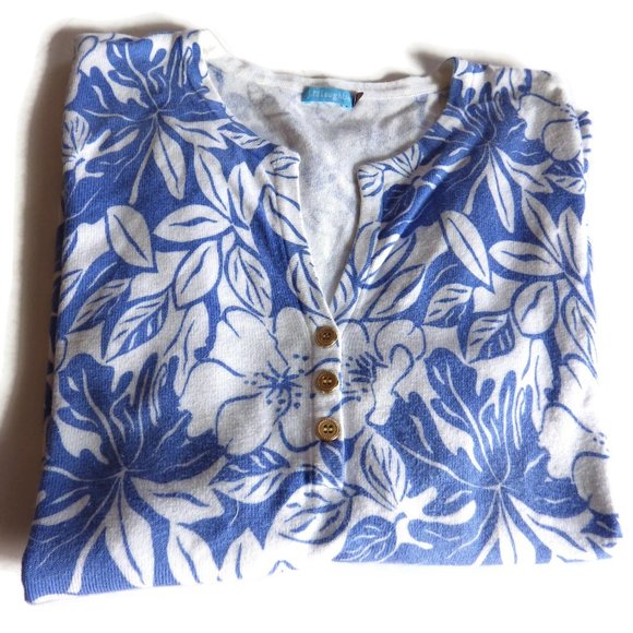 J Mc Laughlin/ Open Neck Knit Top/ Blue & White Floral/Cotton Blend/Buttons/ M - Picture 4 of 5